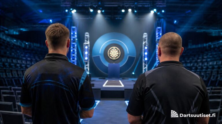 Kaksi darts-pelaajaa katsoo turnauslavaa kohti valaistua taulua