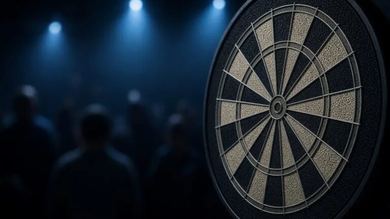 Darts-taulu viileässä lavavalaistuksessa Luke Littlerin puolivälierän kuvituksena, anonyymi siluetti ilman kasvoja.