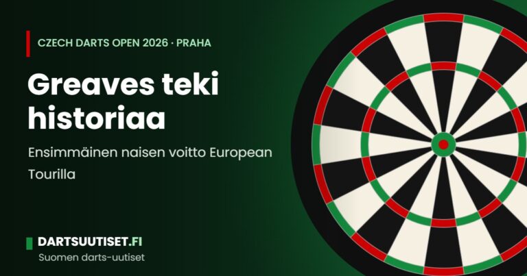 Darts-pelaaja tuulettaa lavalla Czech Darts Openin yleisön edessä Prahassa.