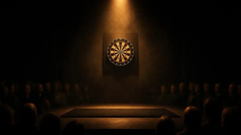 Darts-taulu amber-lavavalaistuksessa World Series of Darts Finals 2026 -avausillan kuvituksena, anonyymi areena ilman tunnuksia.