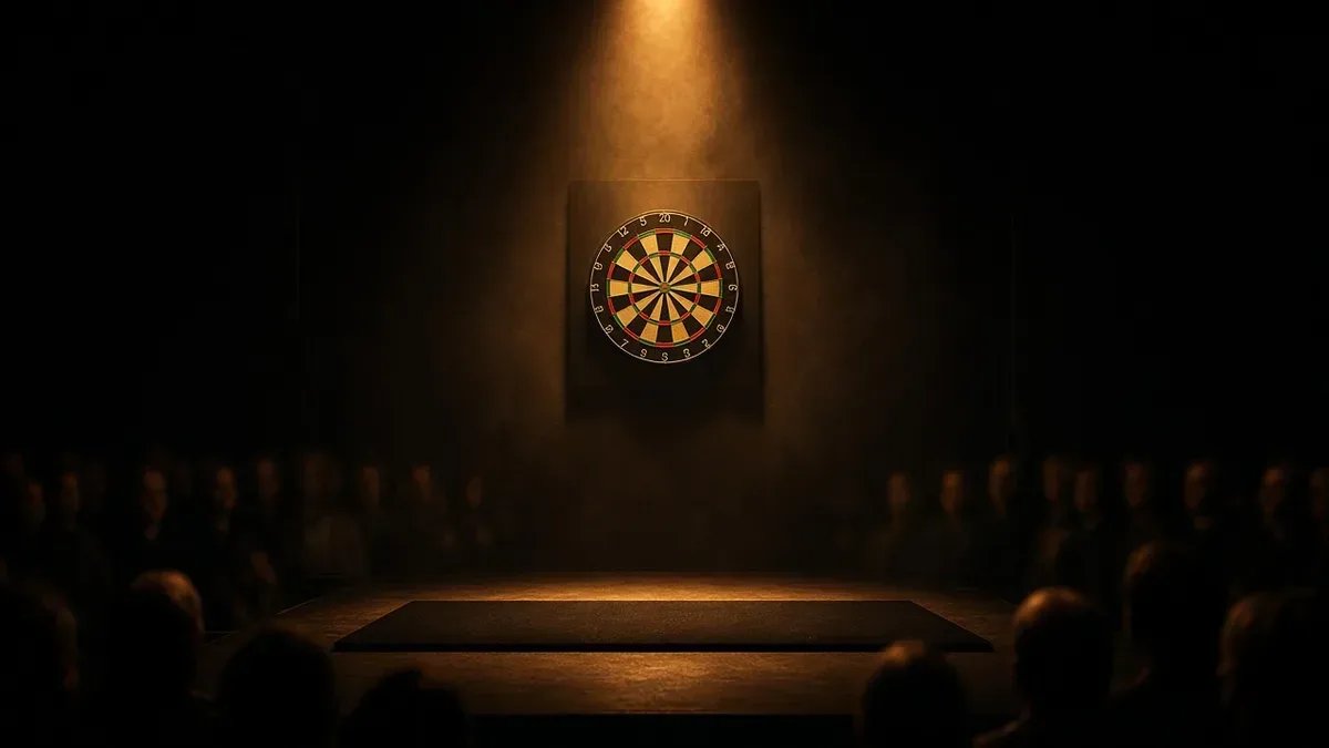 Darts-taulu amber-lavavalaistuksessa World Series of Darts Finals 2026 -avausillan kuvituksena, anonyymi areena ilman tunnuksia.