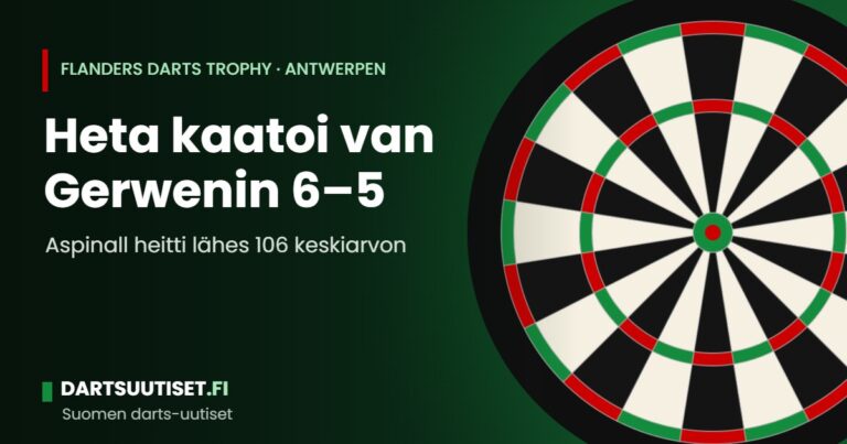 Darts-pelaaja tähtää tuplaan Antwerp Expon lavalla Flanders Darts Trophyn iltasessiossa.