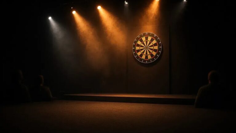 Darts-taulu amber-lavavalaistuksessa World Series of Darts Finals 2026 -kotijoukkueen kuvituksena, anonyymi areena ilman tunnuksia.