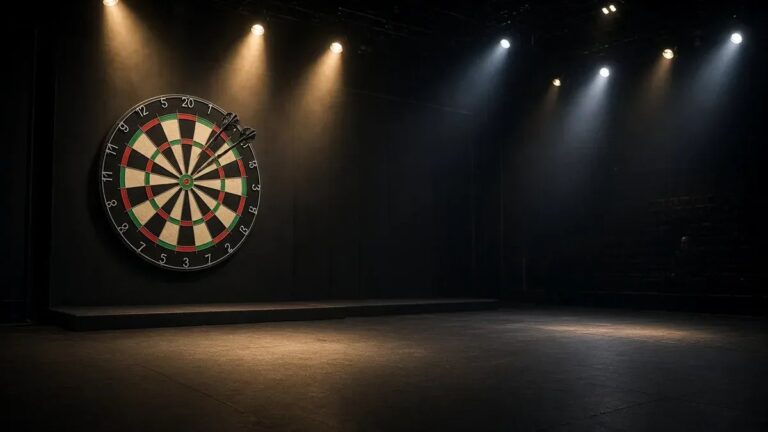 Tyhjä darts-lava Leicesterin areenavalossa avauskierroksen päätöksen kuvituksena, ei kasvoja eikä tunnuksia.