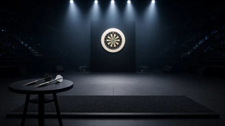 Tyhjä darts-lava himmeässä areenavalossa van Gerwenin avausillan kuvituksena, ei kasvoja eikä tunnuksia.