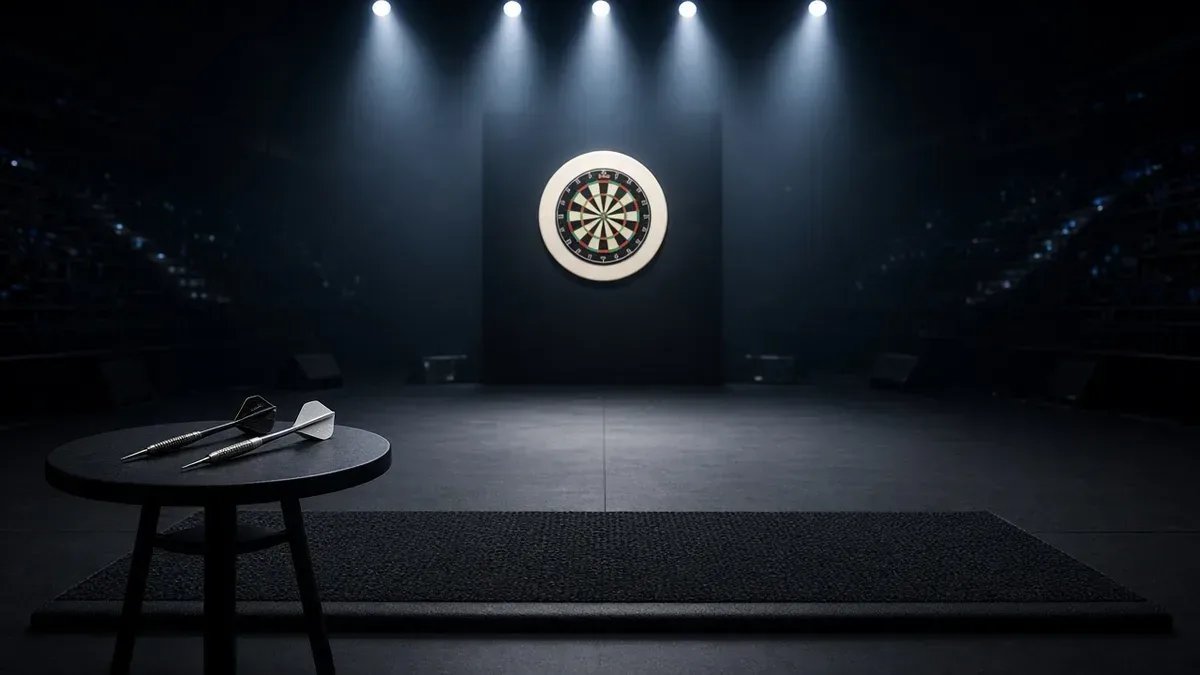 Tyhjä darts-lava himmeässä areenavalossa van Gerwenin avausillan kuvituksena, ei kasvoja eikä tunnuksia.