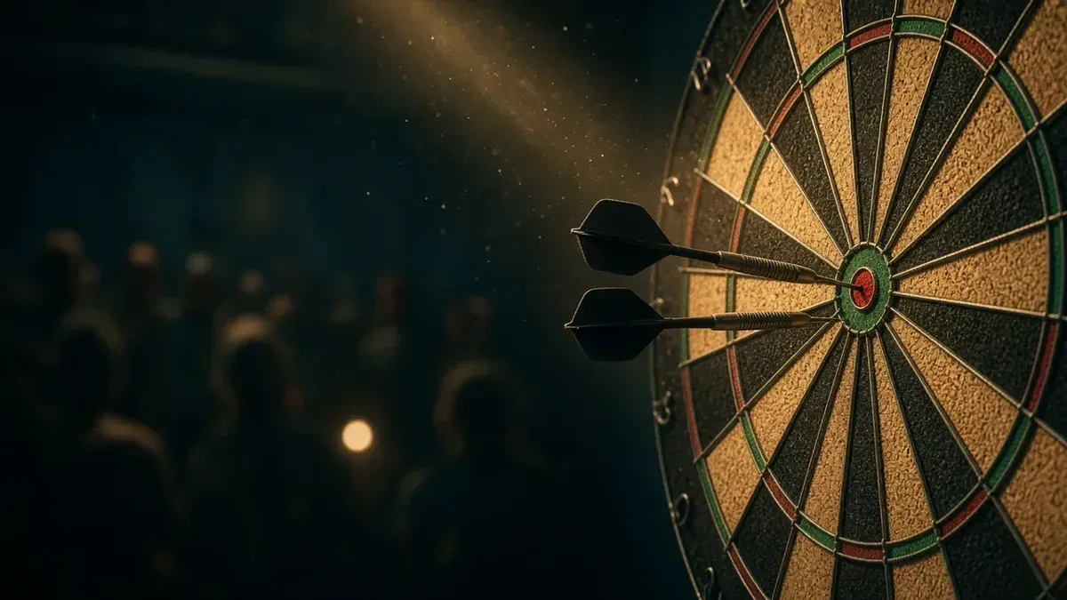 Darts-taulu lämpimässä lavavalaistuksessa ADA Tourin 2026 MM-paikan kuvituksena, anonyymi areena ilman tunnuksia.