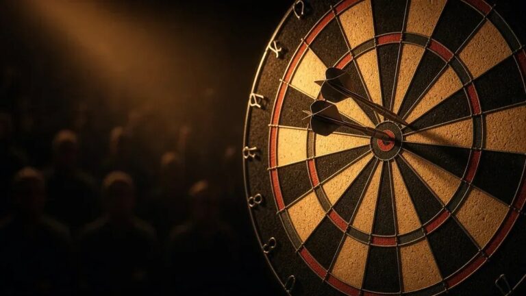 Darts-taulu lämpimässä lavavalaistuksessa Brody Klingeen ja Gerwyn Pricen World Series Finals -ottelun kuvituksena, anonyymi areena.