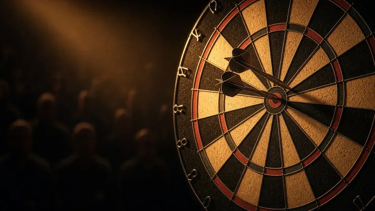 Darts-taulu lämpimässä lavavalaistuksessa Brody Klingeen ja Gerwyn Pricen World Series Finals -ottelun kuvituksena, anonyymi areena.