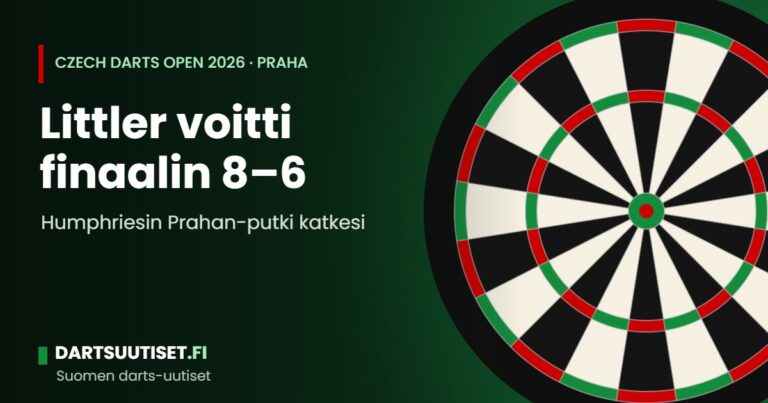 Darts-pelaaja heittää valaistulle taululle täydessä areenassa Czech Darts Openissa Prahassa.