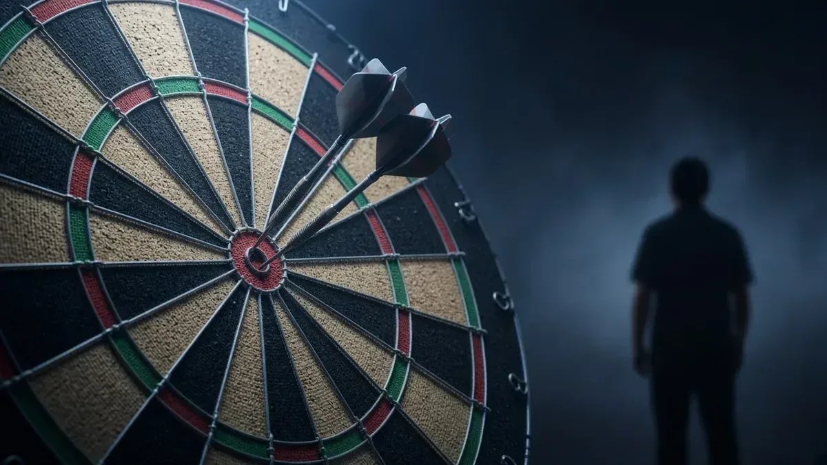 Darts-taulu viileässä lavavalaistuksessa Luke Littlerin ja Danny Noppertin ottelun kuvituksena, anonyymi siluetti ilman kasvoja.