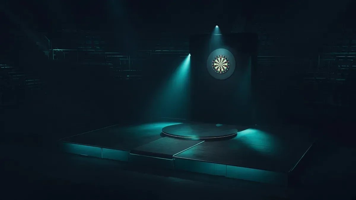 Tyhjä darts-lava himmeässä areenavalossa Den Boschin poisjääntien kuvituksena, ei kasvoja eikä tunnuksia.