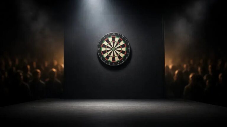 Darts-taulu viileässä lavavalaistuksessa World Series of Darts Finals 2026 -perjantai-illan kuvituksena, anonyymi areena ilman tunnuksia.