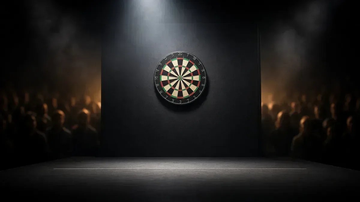 Darts-taulu viileässä lavavalaistuksessa World Series of Darts Finals 2026 -perjantai-illan kuvituksena, anonyymi areena ilman tunnuksia.