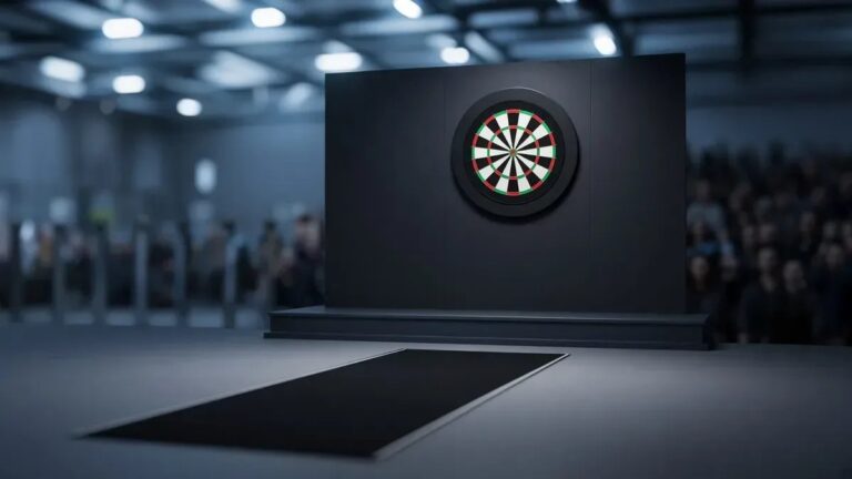 Darts-taulu kirkkaassa salivalaistuksessa Players Championship 29:n kuvituksena, anonyymi halli ilman tunnuksia.