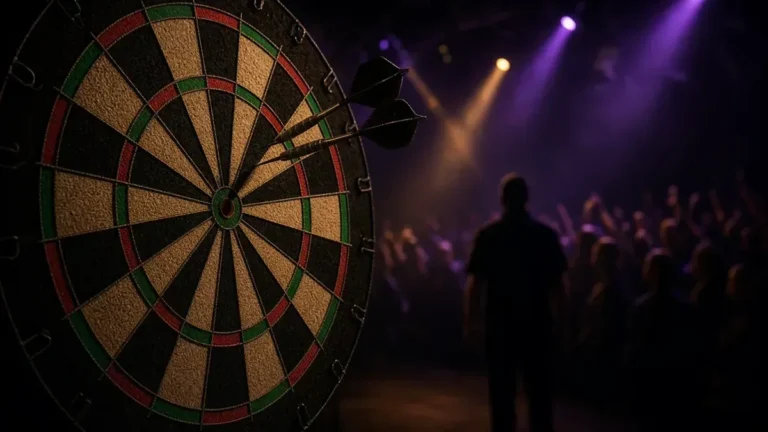 Darts-taulu tummassa lavavalaistuksessa PDC Asian Championshipin 2026 finaalipäivän kuvituksena, anonyymi areena ilman tunnuksia.