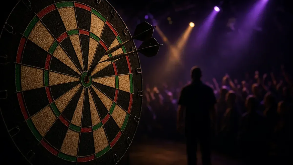 Darts-taulu tummassa lavavalaistuksessa PDC Asian Championshipin 2026 finaalipäivän kuvituksena, anonyymi areena ilman tunnuksia.