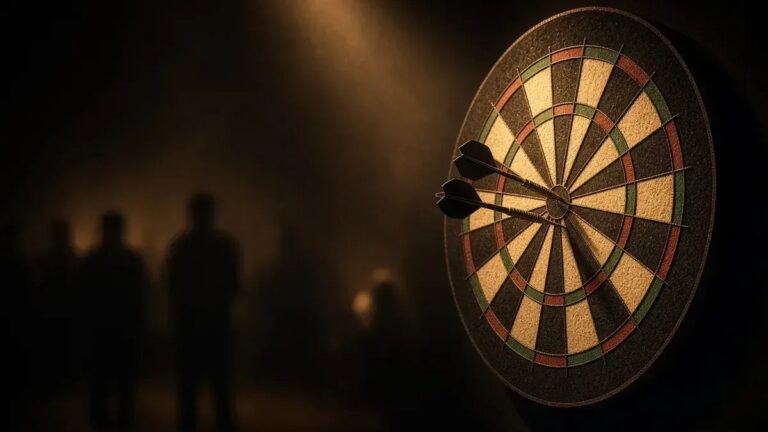 Darts-taulu amber-lavavalaistuksessa Gerwyn Pricen ja Brody Klingeen ottelun kuvituksena, anonyymi siluetti ilman kasvoja.