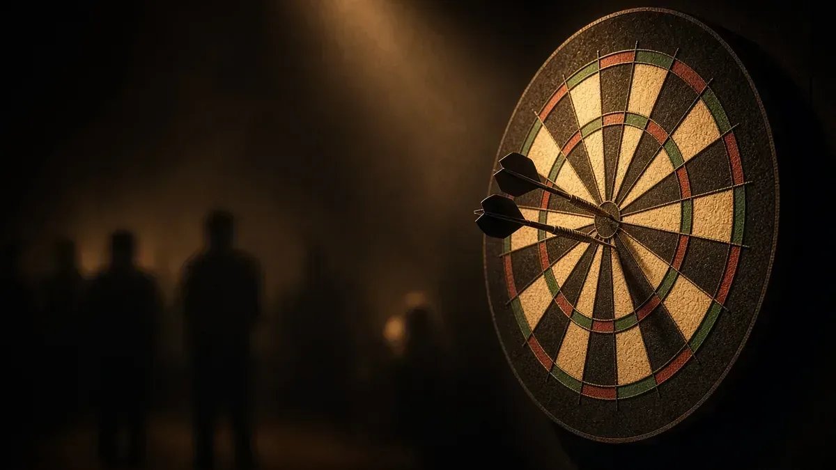 Darts-taulu amber-lavavalaistuksessa Gerwyn Pricen ja Brody Klingeen ottelun kuvituksena, anonyymi siluetti ilman kasvoja.