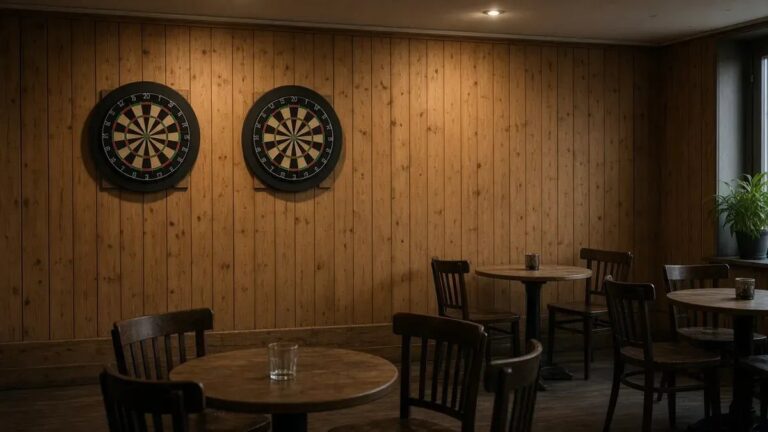 Tyhjä suomalainen darts-kerhohuone SM-liigan avauskierroksen kuvituksena, ei kasvoja eikä seuratunnuksia.