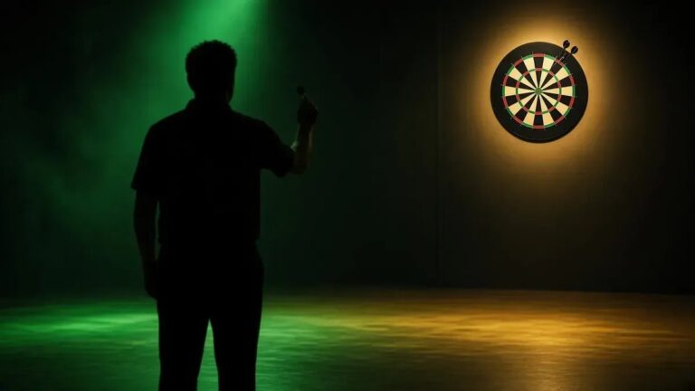 Darts-taulu kultaisessa lavavalaistuksessa Ross Smithin World Grand Prix -avauksen kuvituksena, anonyymi siluetti ilman kasvoja.