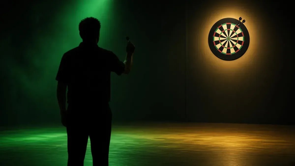 Darts-taulu kultaisessa lavavalaistuksessa Ross Smithin World Grand Prix -avauksen kuvituksena, anonyymi siluetti ilman kasvoja.
