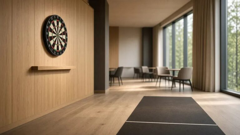 Darts-taulu vaaleassa hotellisalissa PDC Nordic & Balticin Tallinnan viikonlopun kuvituksena, anonyymi tila ilman tunnuksia.