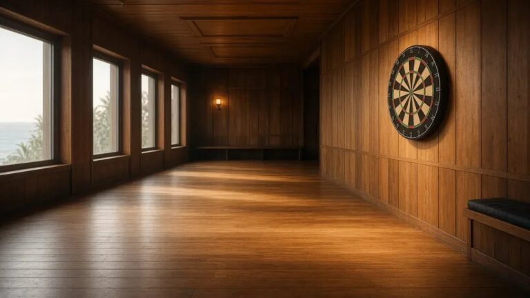 Darts-taulu lämpimässä salivalaistuksessa WDF British Open 2026 -viikonlopun kuvituksena, anonyymi halli ilman kasvoja.