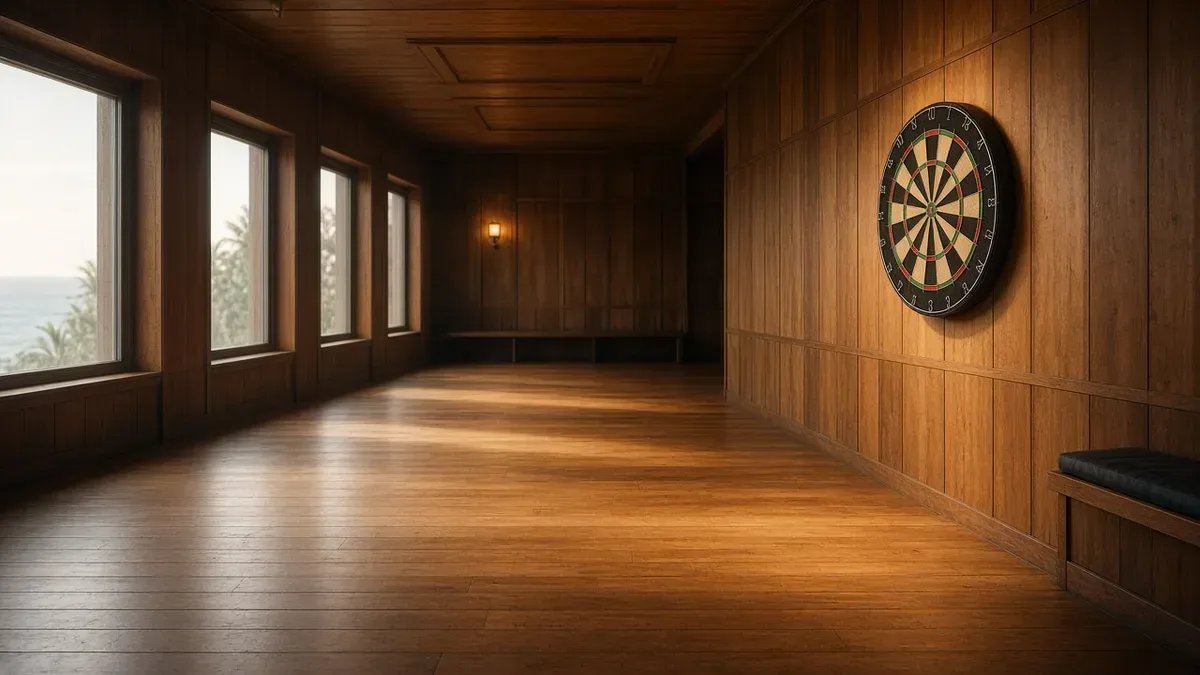 Darts-taulu lämpimässä salivalaistuksessa WDF British Open 2026 -viikonlopun kuvituksena, anonyymi halli ilman kasvoja.