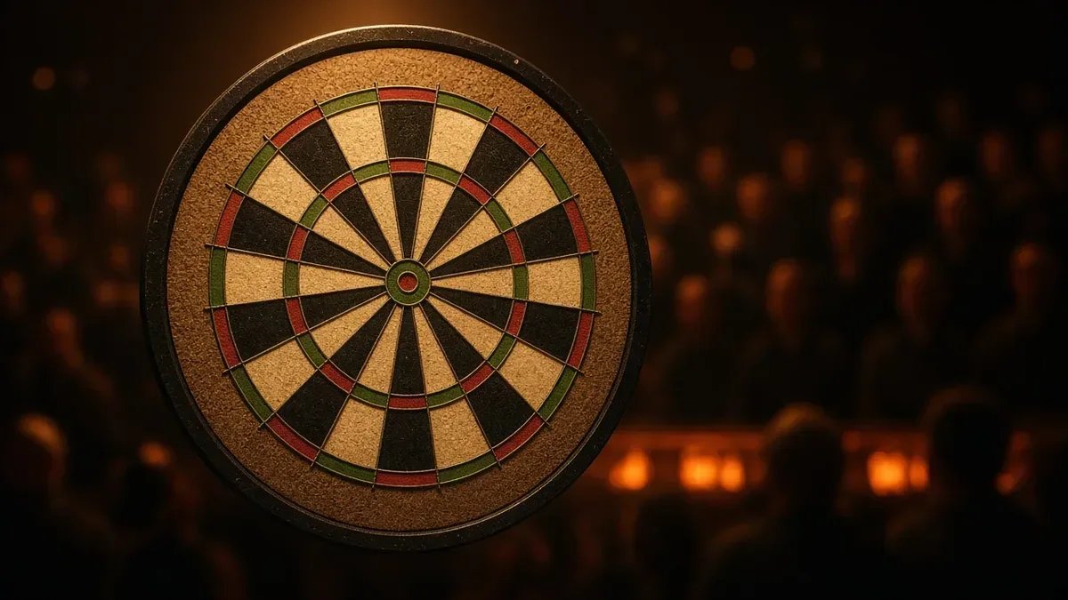 Darts-taulu amber-lavavalaistuksessa World Series of Darts Finals 2026 -iltapäivän kuvituksena, anonyymi yleisö ilman kasvoja.