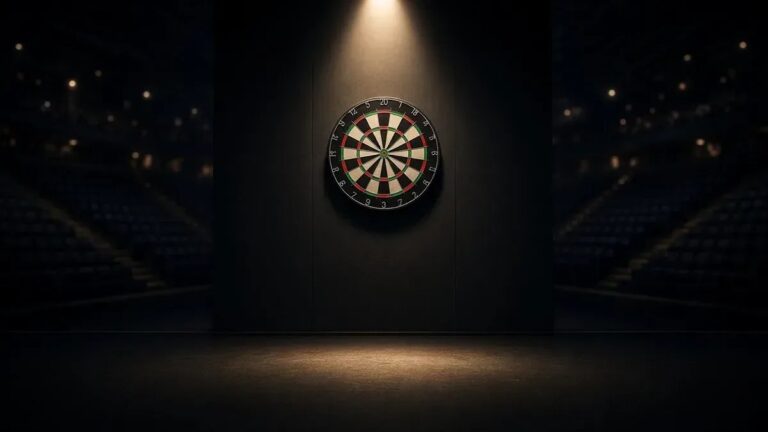 Tyhjä darts-lava areenavalossa World Grand Prix’n avausillan kuvituksena, ei kasvoja eikä tunnuksia.