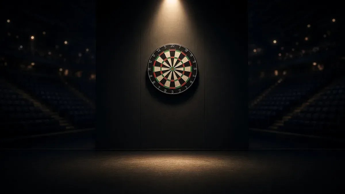 Tyhjä darts-lava areenavalossa World Grand Prix’n avausillan kuvituksena, ei kasvoja eikä tunnuksia.