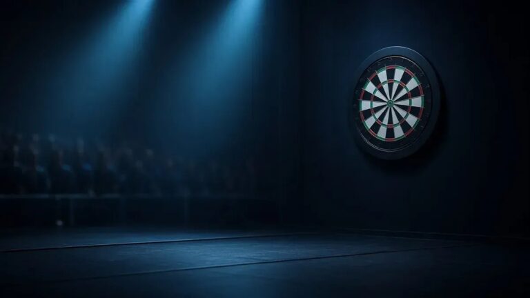 Darts-taulu sinisessä areenavalaistuksessa World Grand Prix 2026 -sessioiden kuvituksena, anonyymi sali ilman tunnuksia.