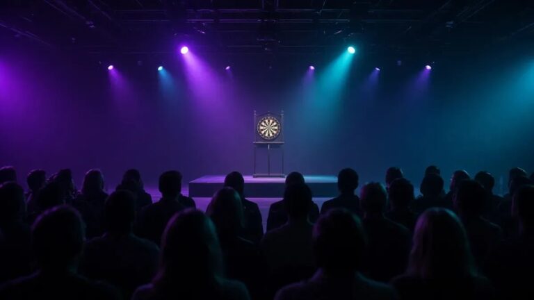Darts-areena violetti-turkoosissa lavavalaistuksessa World Series of Darts Finals 2026 -lauantain kuvituksena, anonyymi yleisö.