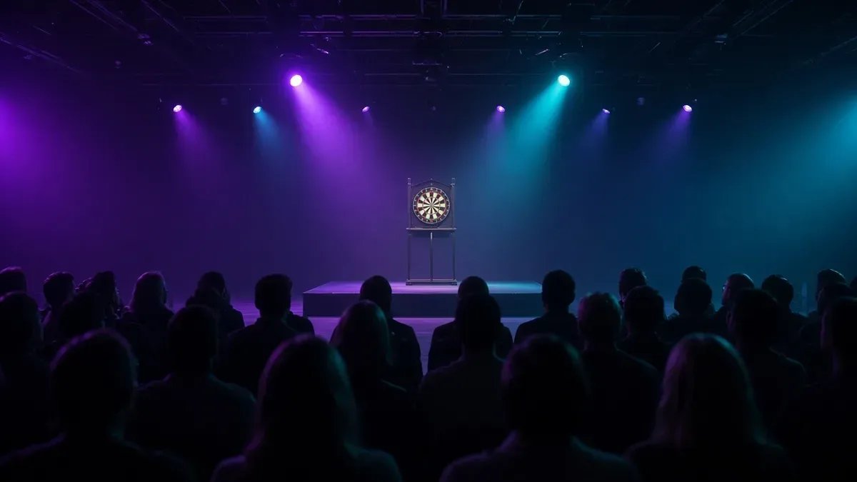 Darts-areena violetti-turkoosissa lavavalaistuksessa World Series of Darts Finals 2026 -lauantain kuvituksena, anonyymi yleisö.