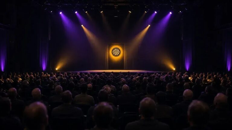Darts-areena violettissa lavavalaistuksessa World Series of Darts Finals 2026 -perjantain kuvituksena, anonyymi yleisö.