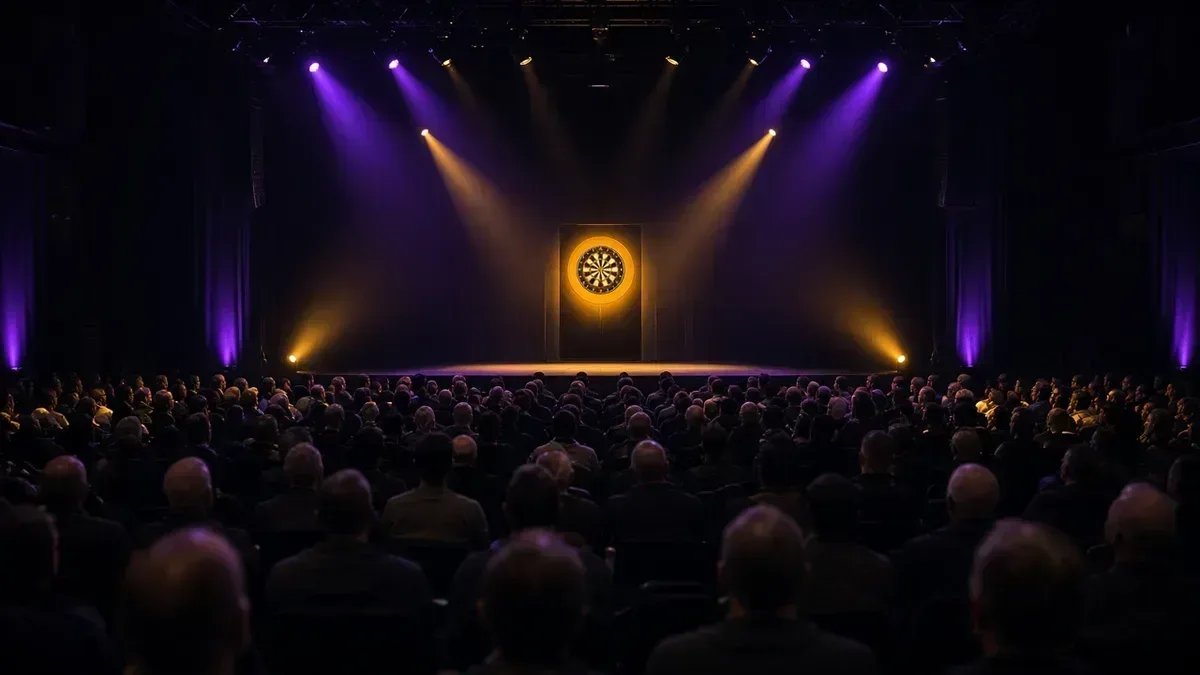 Darts-areena violettissa lavavalaistuksessa World Series of Darts Finals 2026 -perjantain kuvituksena, anonyymi yleisö.
