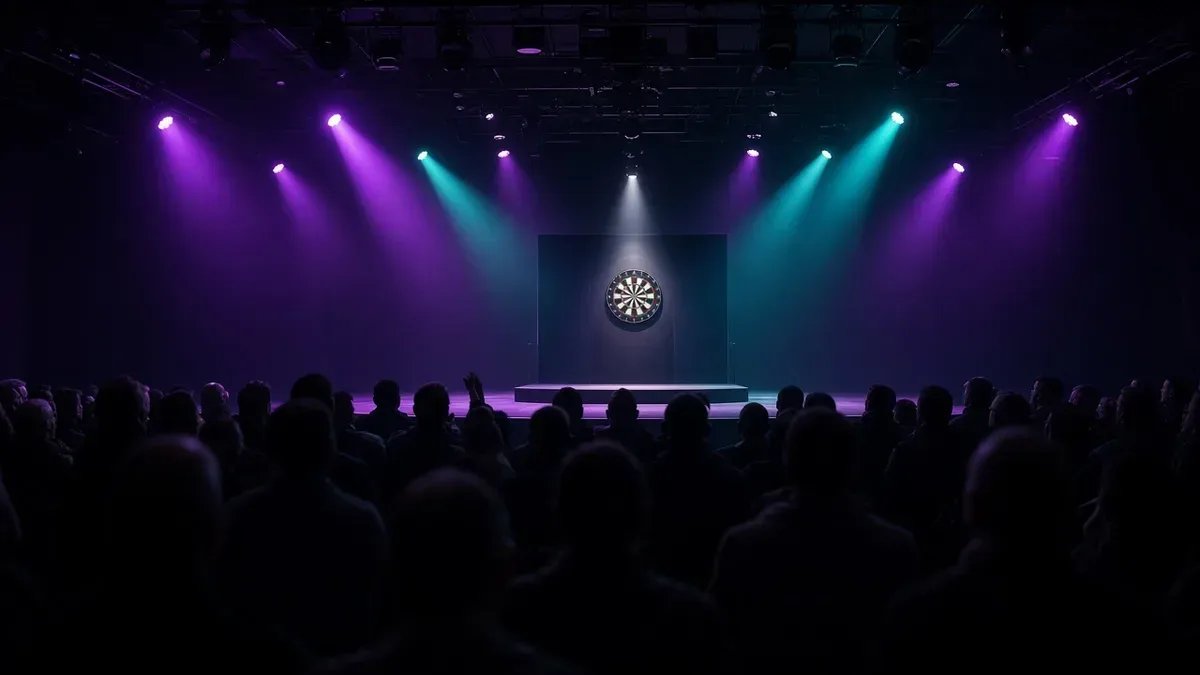 Darts-areena violetti-turkoosissa valaistuksessa World Series of Darts Finals 2026 -finaalipäivän kuvituksena, anonyymi yleisö.