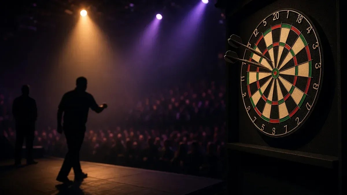 Darts-taulu tummassa lavavalaistuksessa World Series of Darts Finals 2026 -avausillan kuvituksena, anonyymi areena ilman tunnuksia.