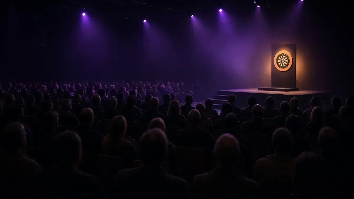 Darts-areena violettissa lavavalaistuksessa World Series of Darts Finals 2026 -torstai-illan kuvituksena, anonyymi yleisö.