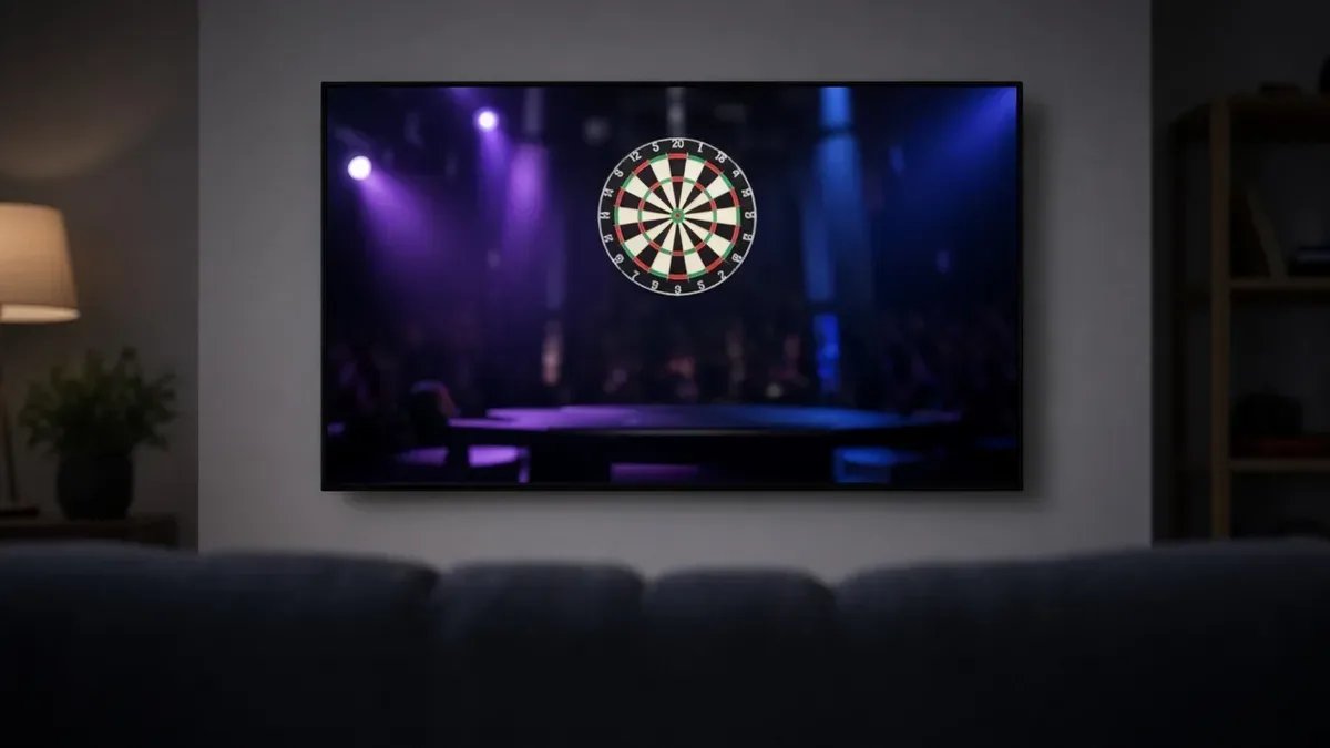 Televisio tummassa huoneessa näyttää sumeaa darts-areenaa World Series of Darts Finals 2026 -lähetyksen kuvituksena, ei kanavalogoja.