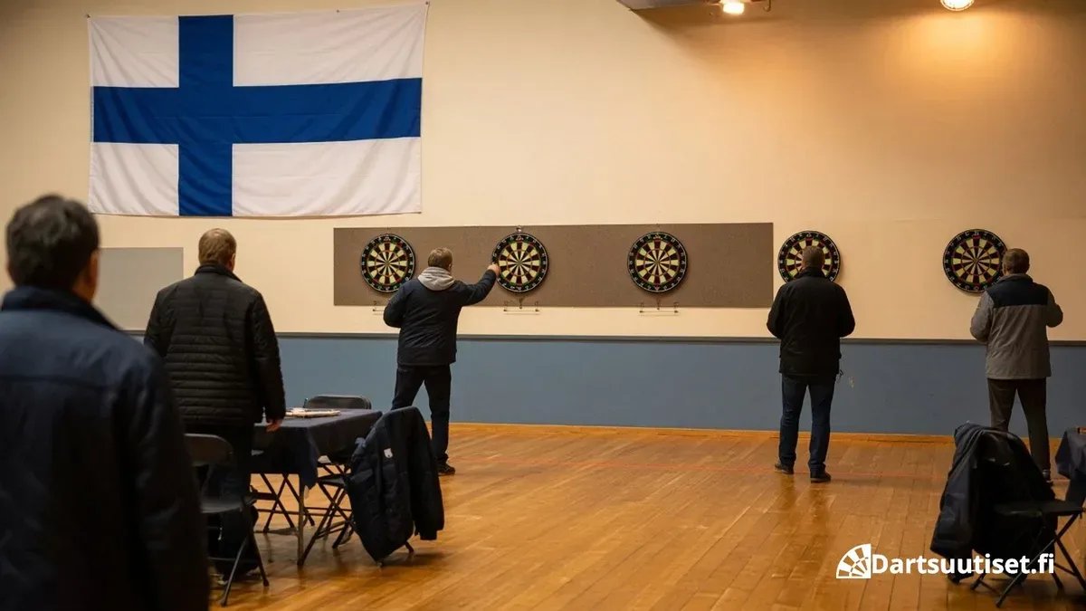 Suomalainen darts-sali: taulut, lämmin valo ja Suomen lippu seinällä, ei tunnistettavia kasvoja.