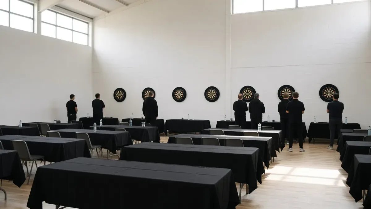 Tyhjä darts-sali joukkuekisojen kuvituksena, ei kasvoja eikä tunnuksia.