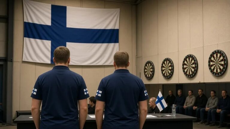 Suomen maajoukkuepari, taulut ja Suomen lippu seinällä, ei tunnistettavia kasvoja.