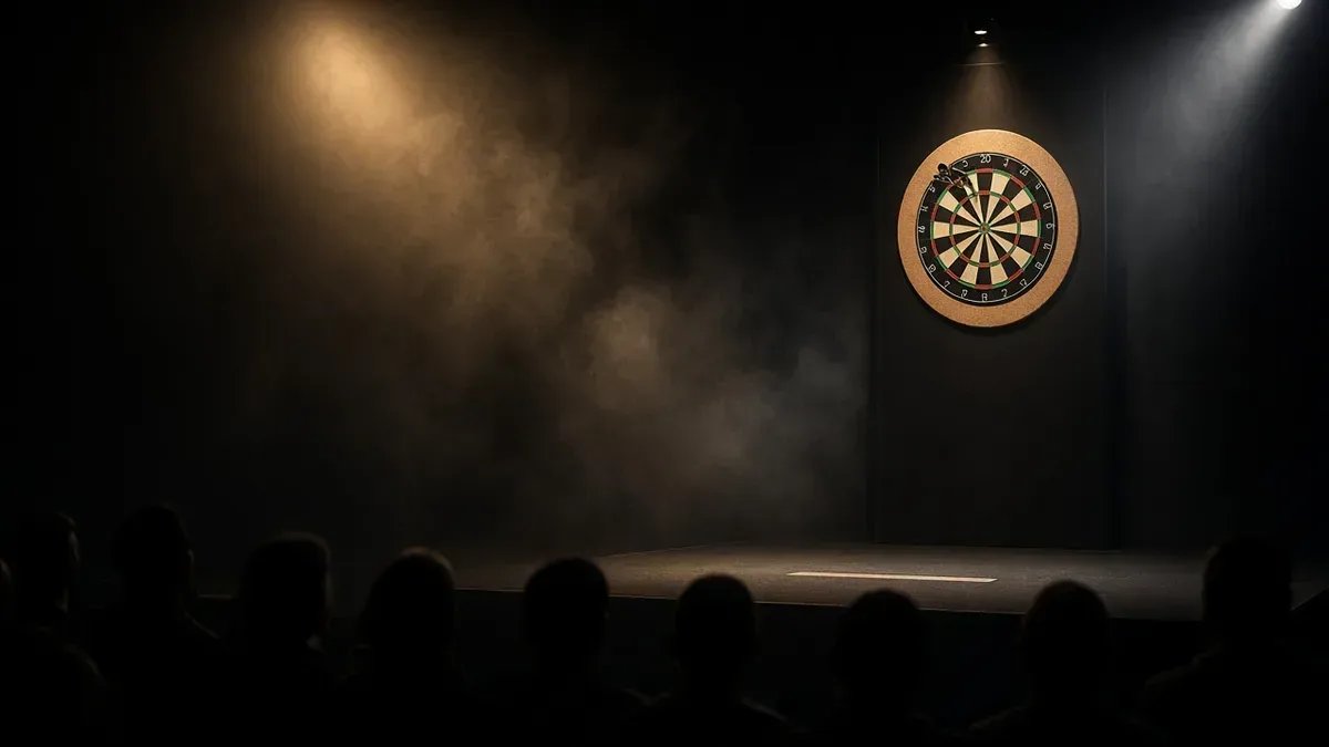 Tyhjä darts-lava Leicesterin areenavalossa Littlerin pudotuksen kuvituksena, ei kasvoja eikä tunnuksia.