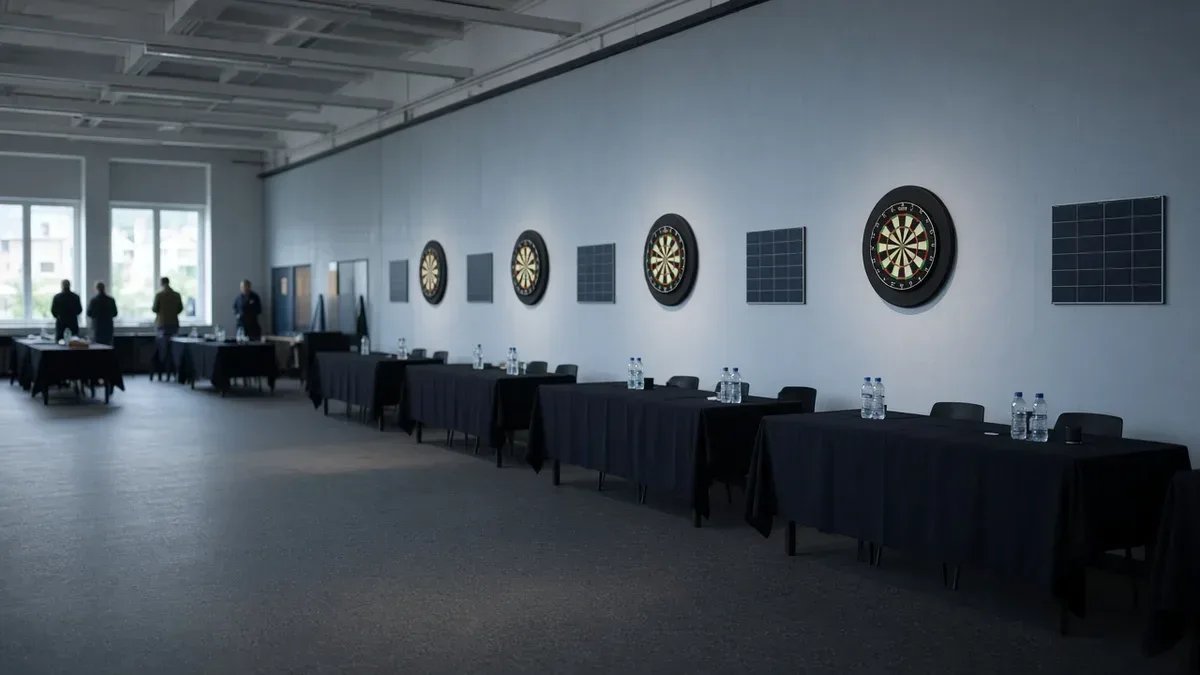 Tyhjä darts-sali joukkuekisojen kuvituksena, ei kasvoja eikä tunnuksia.