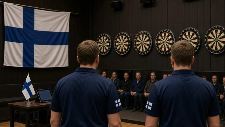 Suomen maajoukkueen darts-sali: taulut, tummat pelipaidat ja Suomen lippu, ei tunnistettavia kasvoja.