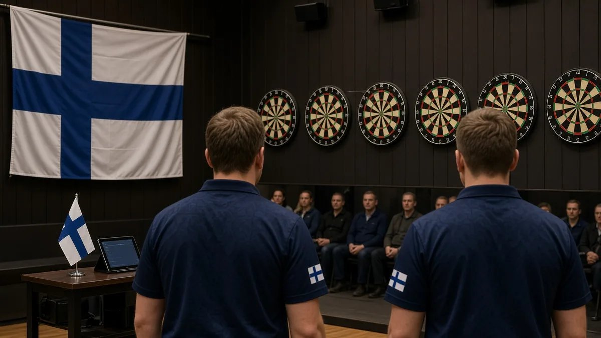 Suomen maajoukkueen darts-sali: taulut, tummat pelipaidat ja Suomen lippu, ei tunnistettavia kasvoja.